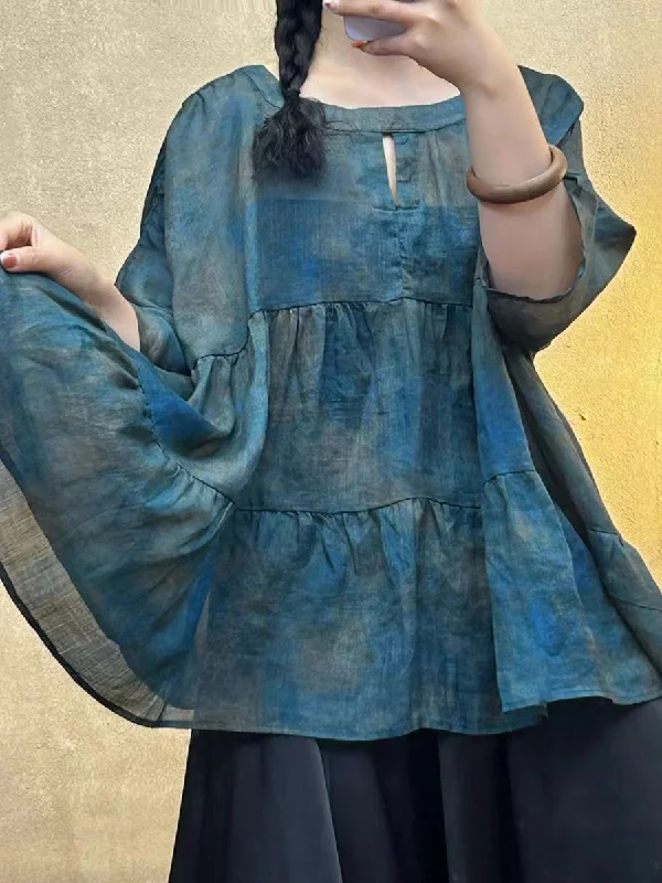 Super Deal Women Summer Artsy Tie-dye Spliced O-Neck Shirt AA1025