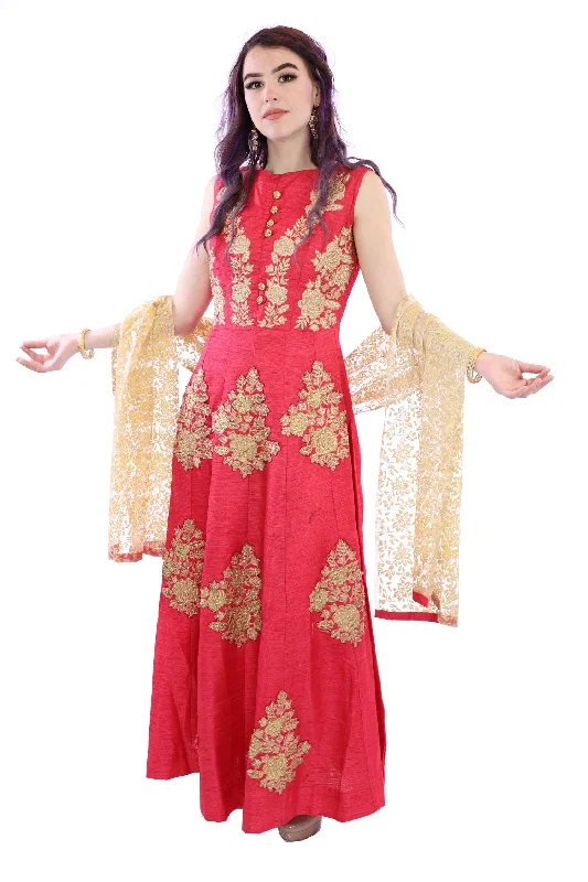 Overstock Spring into Coral Embroidered Silk Anarkali Gown - 9208