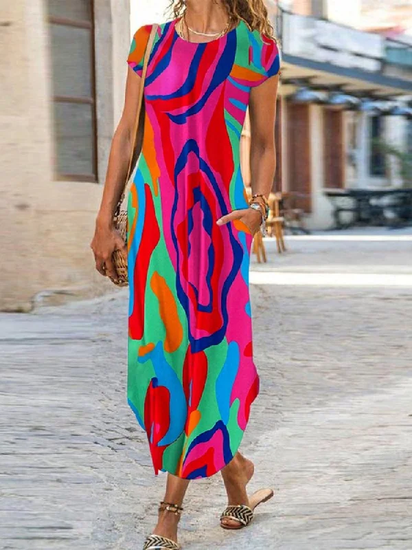 Markdowns Loose Abstract Graphic Crew Neck Casual Dress  QPQ82