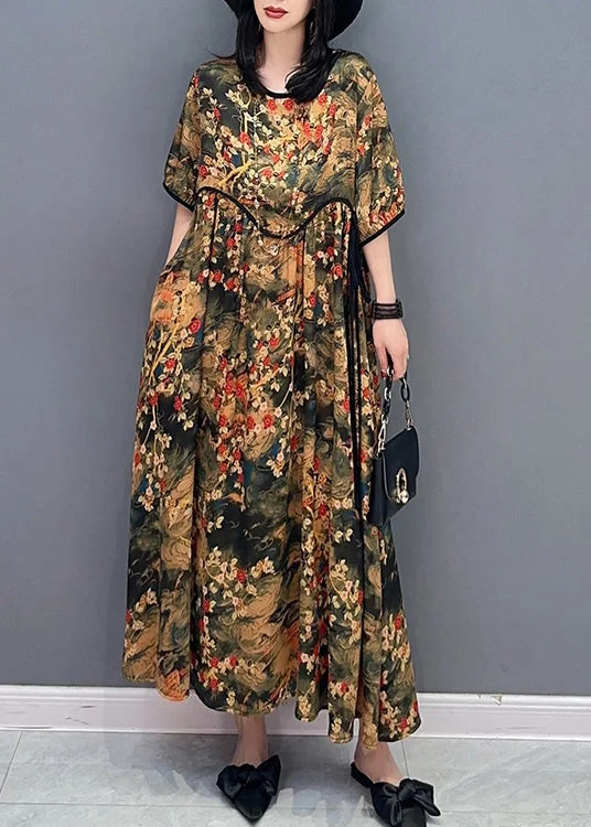 Sale Event Handmade O-Neck Print Patchwork Long Dresses Short Sleeve LC0300