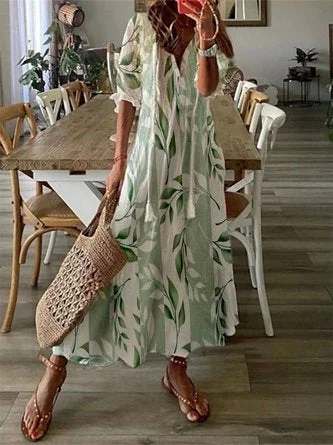 Deal Explosion V Neck Leaves Half Sleeve Casual Dress MMr55