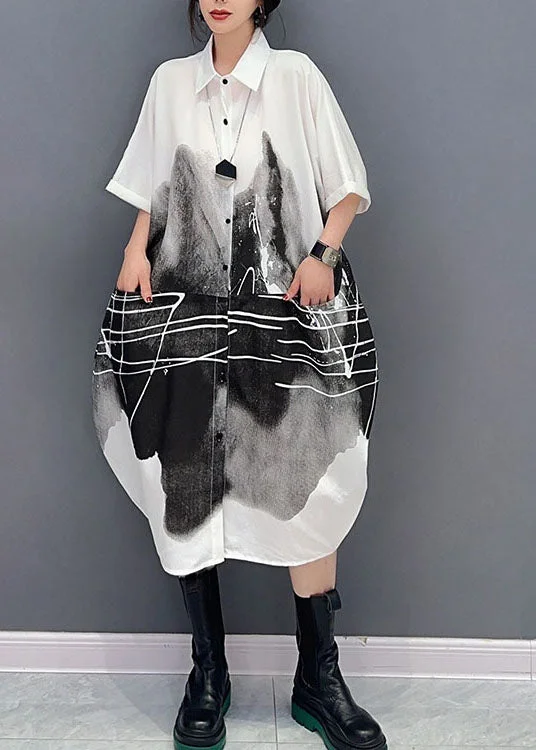 Deal Frenzy Women White Peter Pan Collar Print Cotton Shirts Dress Summer LC0329