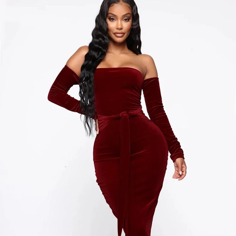 Overstock Women's Velvet Off-Shoulder Long-Sleeved Sheath Dress