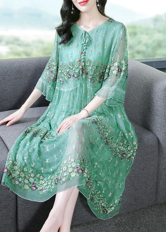 Special Discount Fine Grass Green Embroideried Patchwork Silk Maxi Dresses AC3047