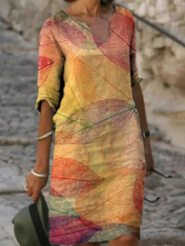 Grand Opening Sale Yellow Casual V Neck Leaves Dress  WO107