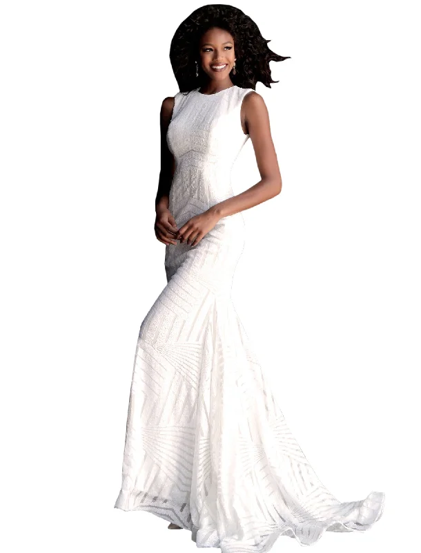 Overstock Jovani White Sequin Open Back High Neck Prom Dress