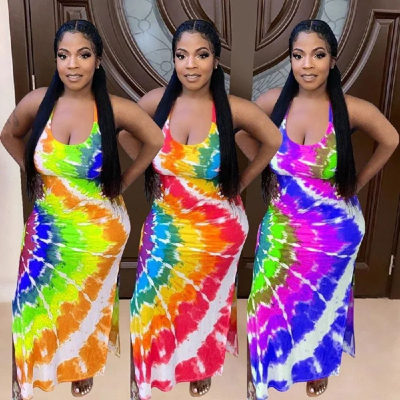 Discount Deals Plus Size Rainbow Tie Dye Backless Beach Dress