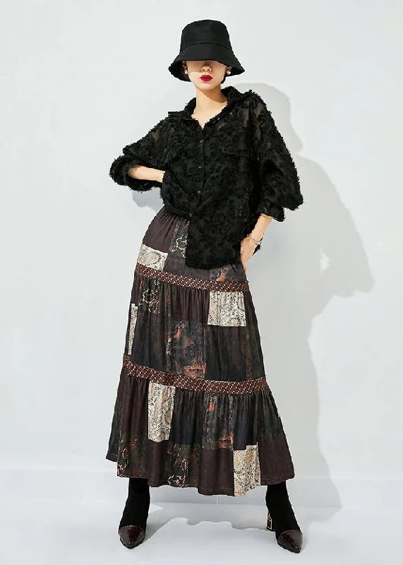 Mega Sale Women Brown Print Patchwork Wrinkled Silk Skirts Summer LY0855