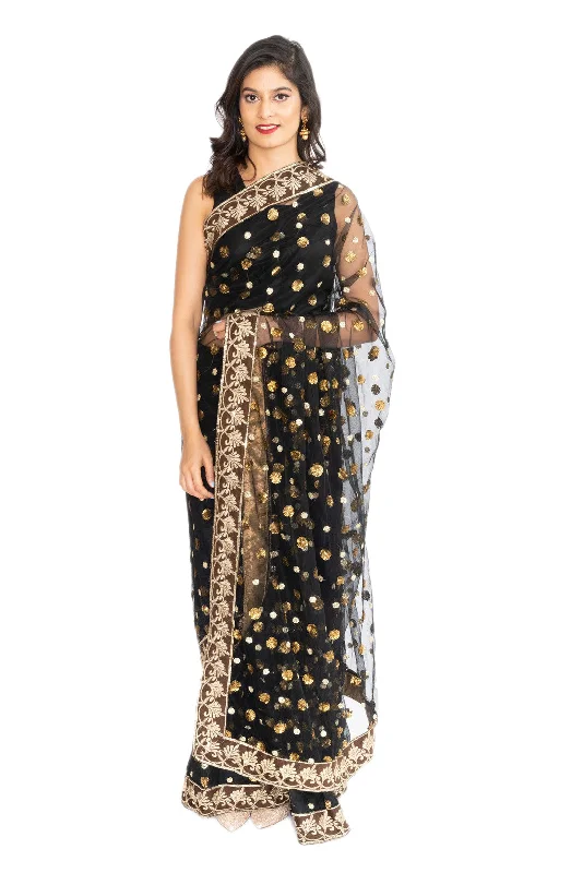 Price Break Sheer Black and Gold Pre-Pleated Ready-Made Sari