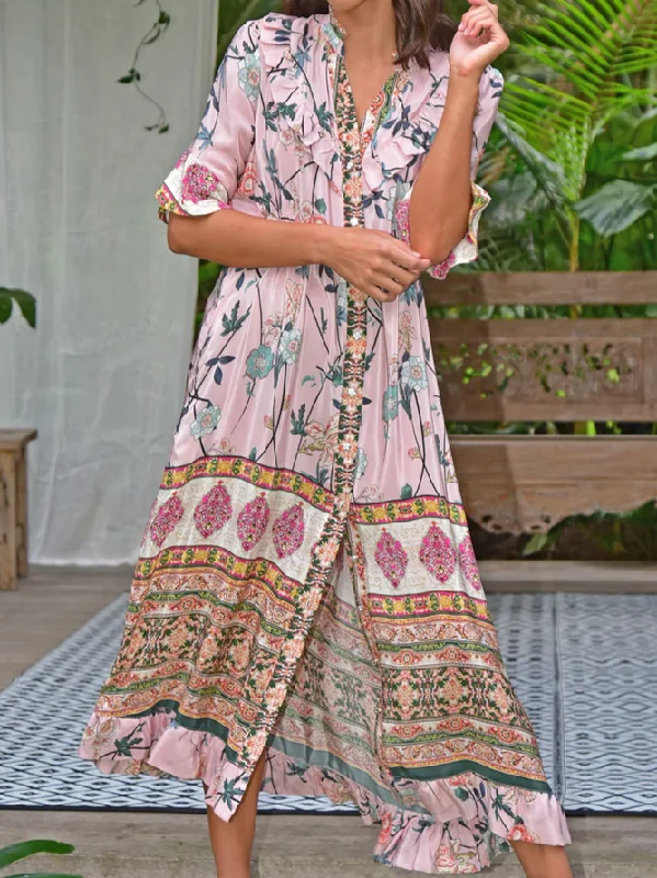 Discount Extravaganza V Neck Vacation Ethnic Loose Dress OY2