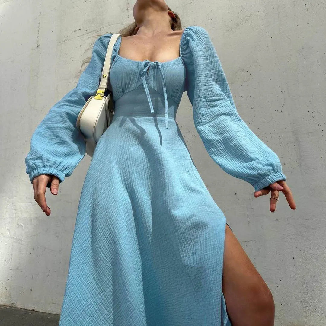 Overstock Sale Lace-Up Lantern Sleeve Midi Dress