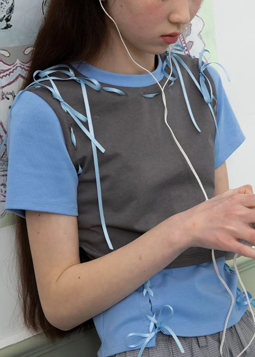Limited Edition New Grey Lace Up False Two Pieces Cotton T Shirt Summer OP1030