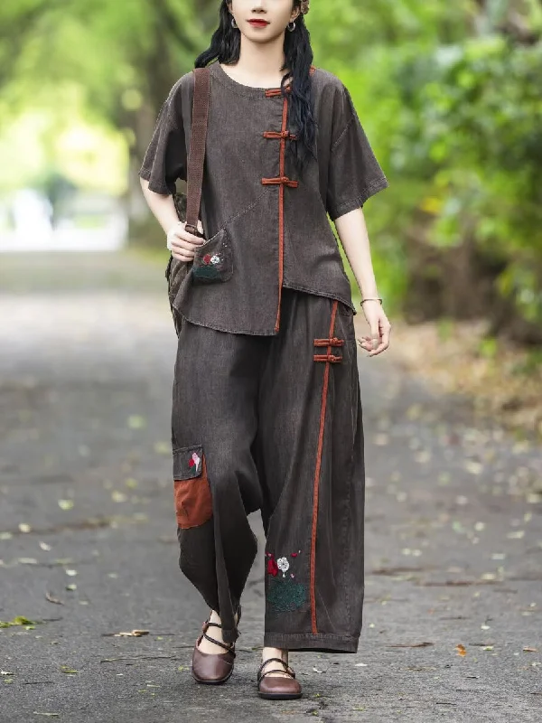 Take Advantage Women Summer Retro Spliced Embroidery Denim Suits TY1037