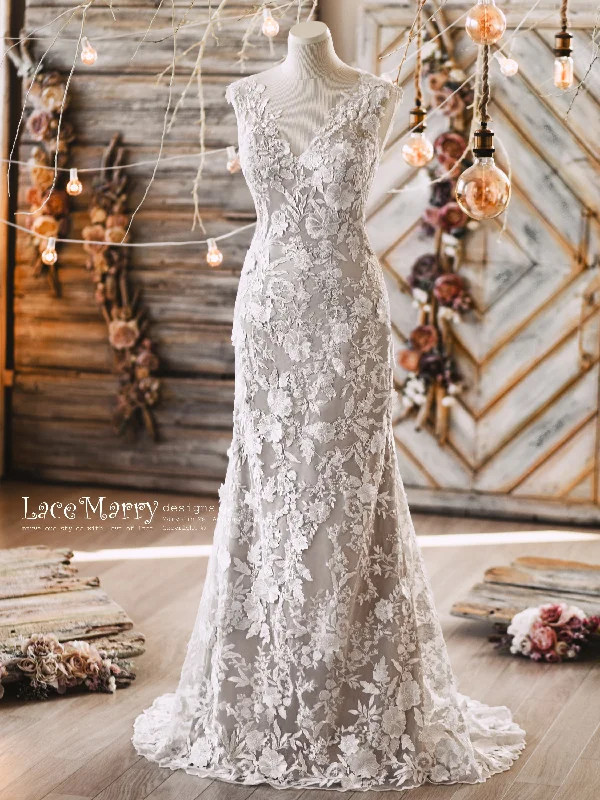 Holiday Sale MARIE / Boho Wedding Dress with Colored Underlay