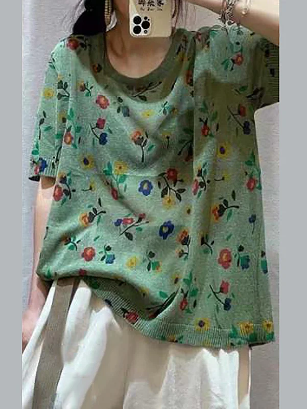 Year-End Clearance Women Casual Flower Summer Loose Pullover Shirt QW1027