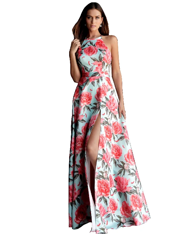Price Smash Jovani Tiffany Print Criss Cross Back Satin Prom Dress