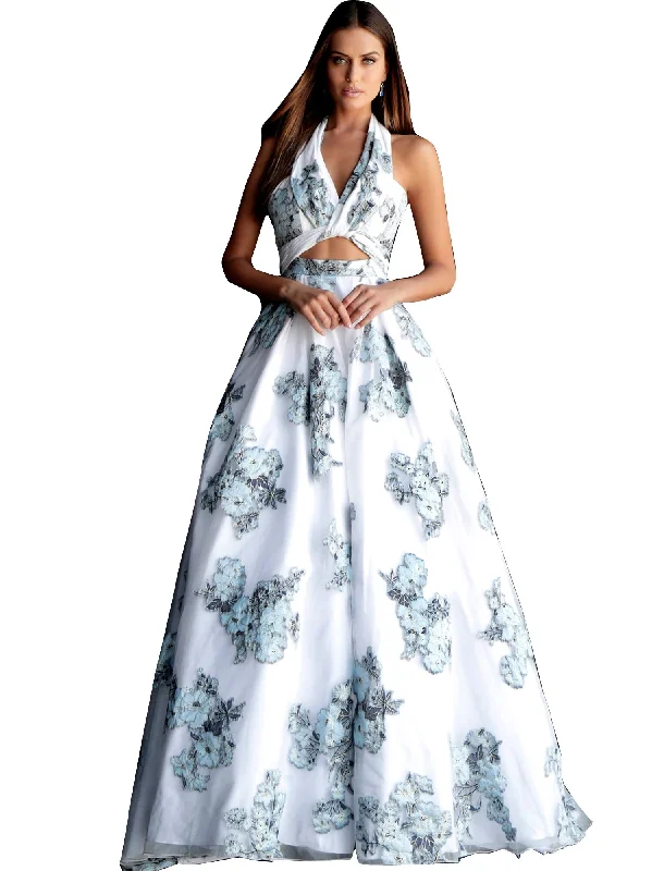 Big Discounts Jovani Ivory Blue Print Halter Neckline Prom Ballgown Dress