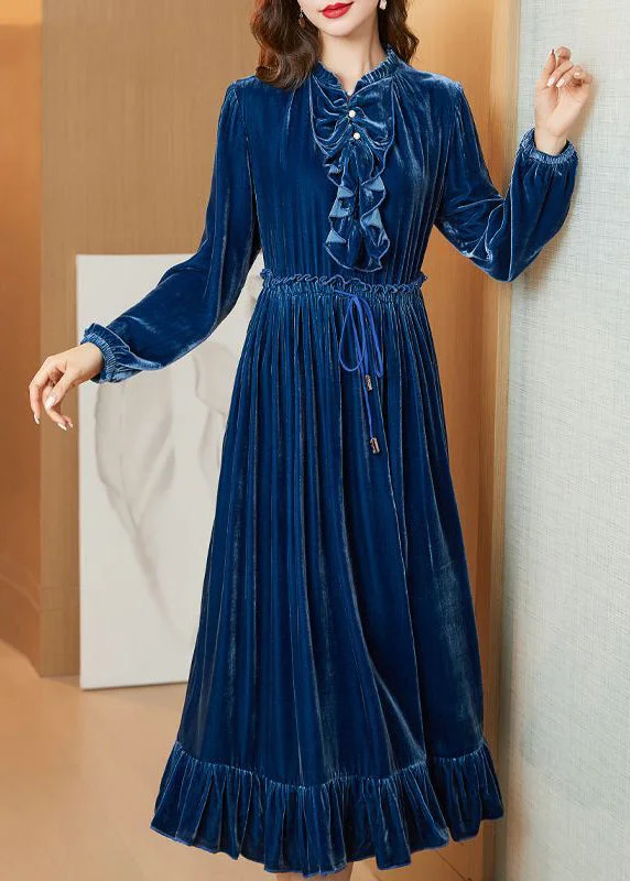 Price Smash Boho Navy Cinched Patchwork Ruffles Silk Velour Long Dress AC3001
