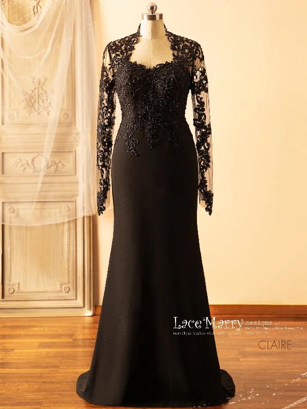 Instant Discount CLAIRE / Black Wedding Dress with Queen Anne Neckline