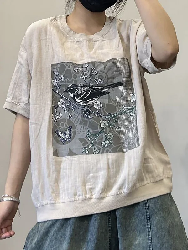 Special Savings Women Casual Summer Bird Spliced Cotton Shirt AA1052