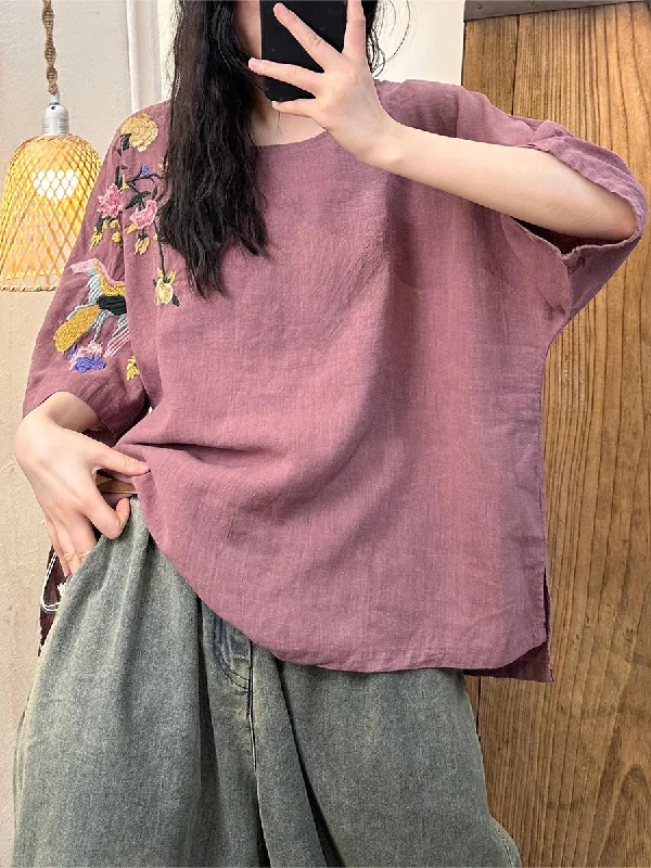 Huge Discounts Women Summer Flower Embroidery Cotton Loose Shirt WE1043