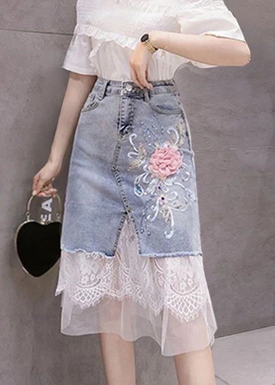 Quick Sale Bohemian Blue Tulle Patchwork Floral Button Denim Skirt TY1075
