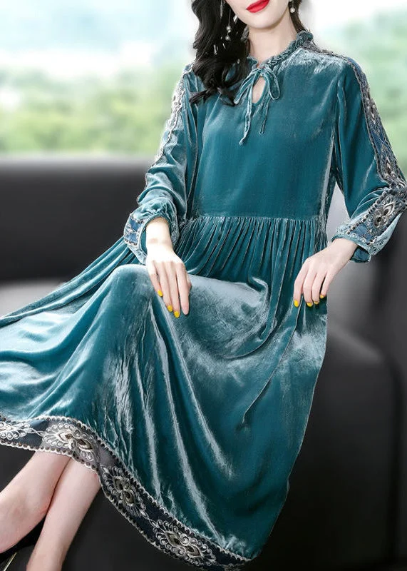 While Supplies Last Women Peacock Blue Ruffled Embroideried Patchwork Silk Velour Dress AC3052