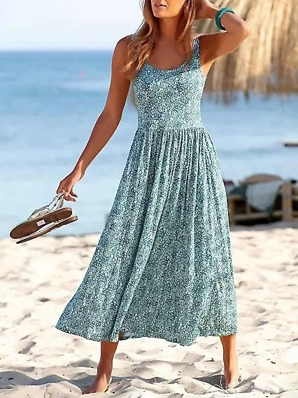 Daily Specials Ditsy Floral Print Elegant Vacation Beach Sleeveless Midi Dress  QPQ66