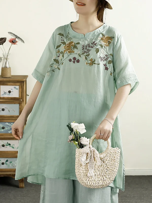 Referral Discount Women Summer Artsy Flower Embroidery Ramie Shirt TY1026