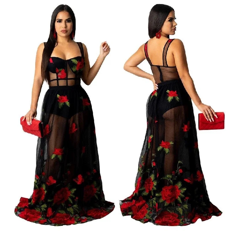 Unbeatable Prices Square Collar Full Body Embroidery Floor-length Mesh Gown Dress