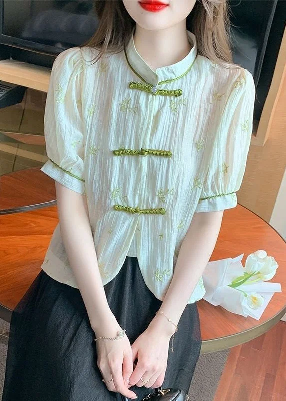 Seasonal Clearance New Beige Stand Collar Embroidered Button Chiffon Shirts Summer OP1075