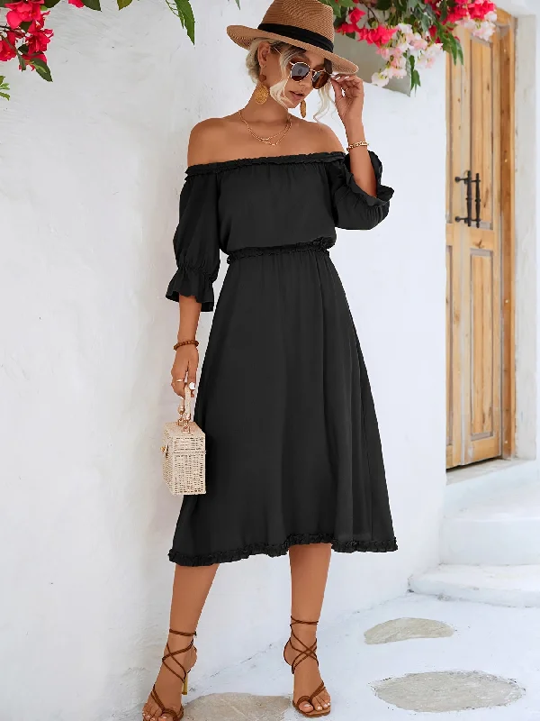 Closeout Ruffle Hem Off Shoulder Dress, Solid Short Sleeve Dress, Casual Every Day Dress, Women's Clothing AE1016 Closeout Ruffle Hem Off Shoulder Dress, Solid Short Sleeve Dress, Casual Every Day Dress, Women's Clothing AE1016