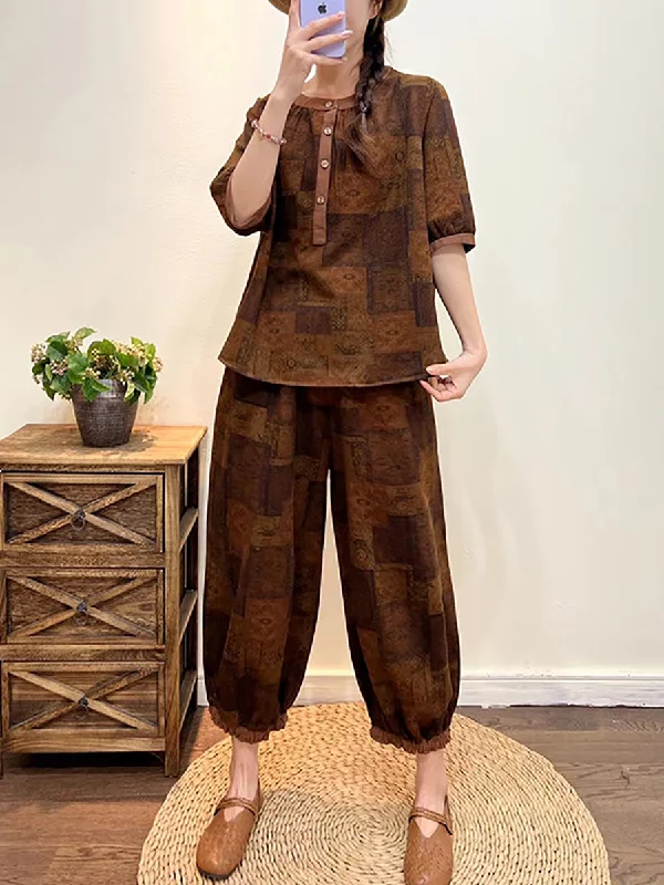 Seasonal Clearance Women Summer Vintage Cotton Linen Floral Suits AS1020