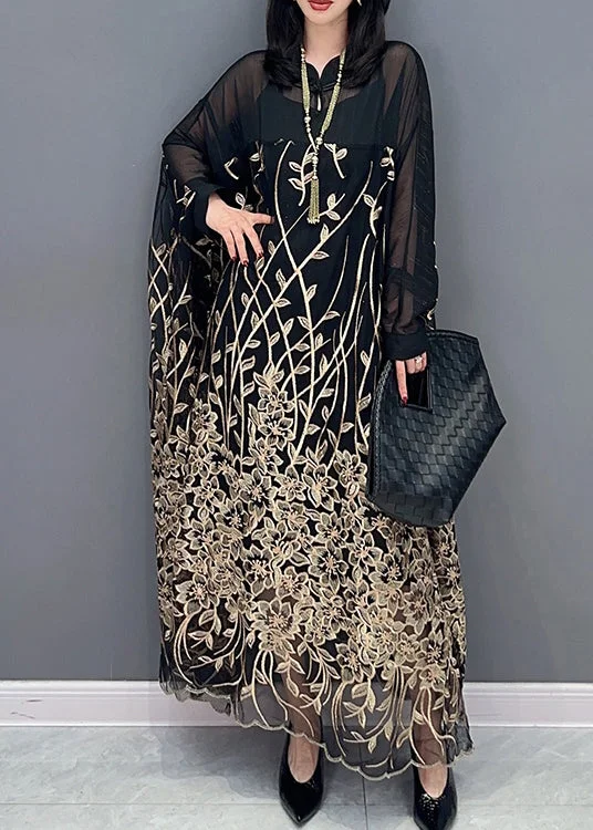 Special Discount Classy Black Stand Collar Embroideried Button Tulle Maxi Dress Long Sleeve LC0357