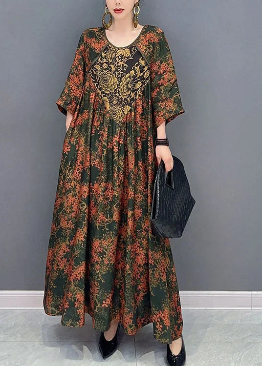 Markdowns Beautiful Green O Neck Print Patchwork Cotton Maxi Dresses Spring LC0347