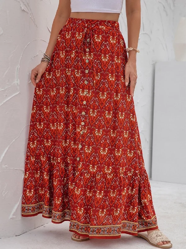Exclusive Deal Vacation Flouncing Ethnic Loose Buttoned Skirt CC28