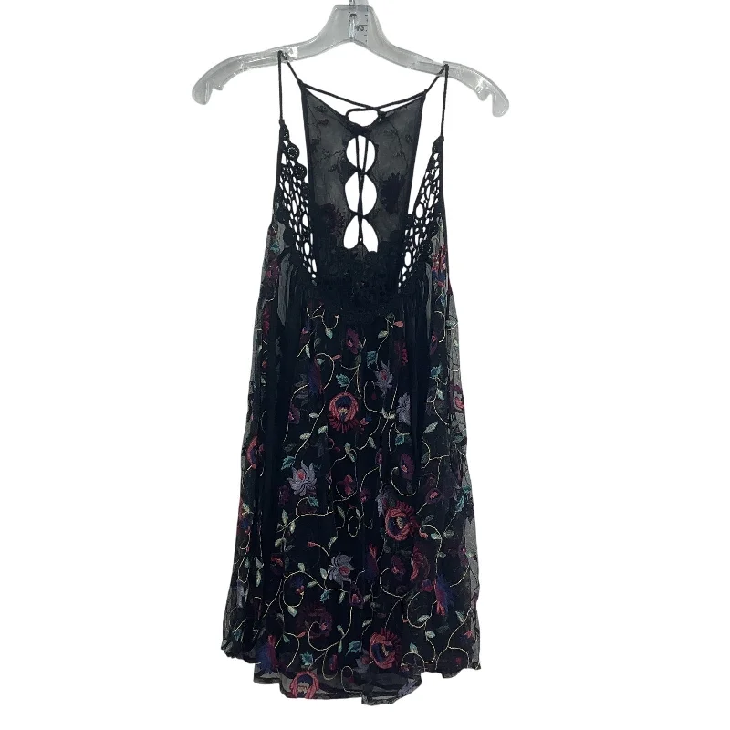 Shop and Save Free People Black Purple Floral Embroidered Women Swing Dress M Mesh Preowned