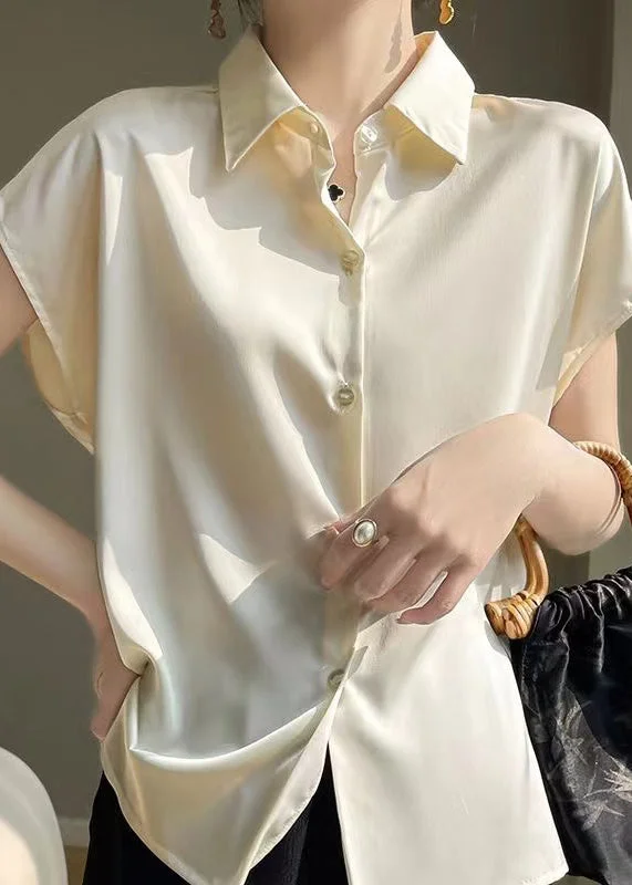Buy Now Simple Apricot Peter Pan Collar Button Silk Shirt Summer OP1095