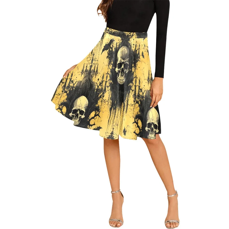 Now or Never Gothic Skulls And Faded Yellow Pleated Midi Skirt