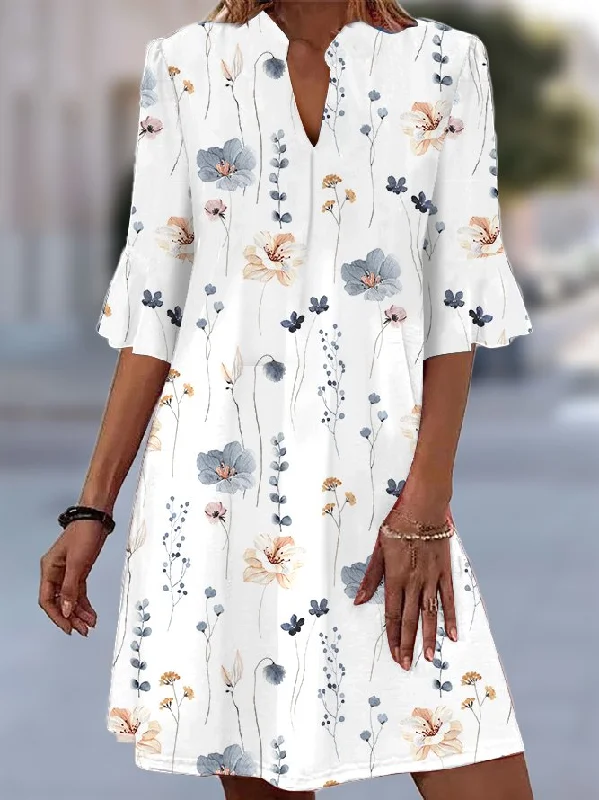 Bargain Prices Floral Casual Loose Shirt Collar Flare Sleeve Dress  QY50