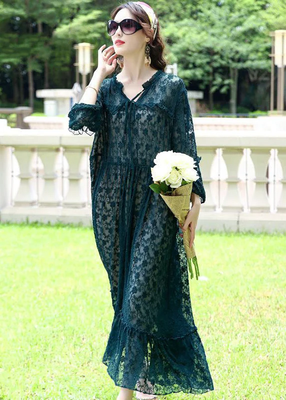 Savings Spectacular French Peacock Blue Ruffled Exra Large Hem Silk Long Dress AC3003