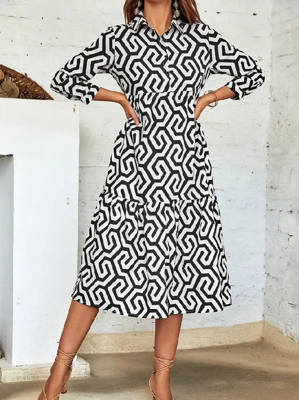 Today’s Deal Regular Fit Shirt Collar Urban Geometric Dress QMN46
