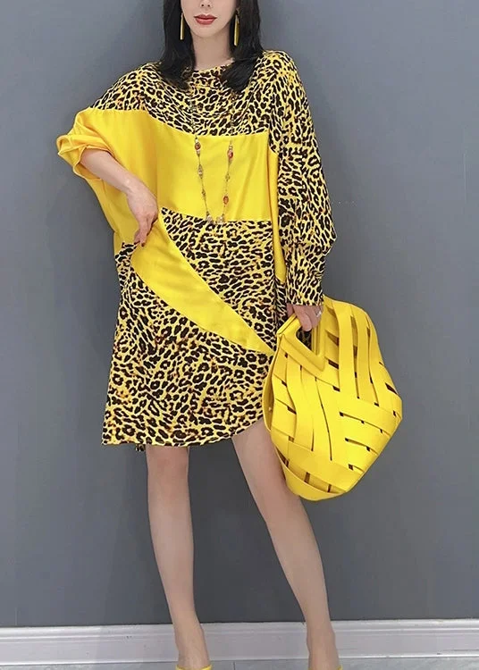 Midnight Madness Yellow Leopard Patchwork Long Dresses Long Sleeve LC0297