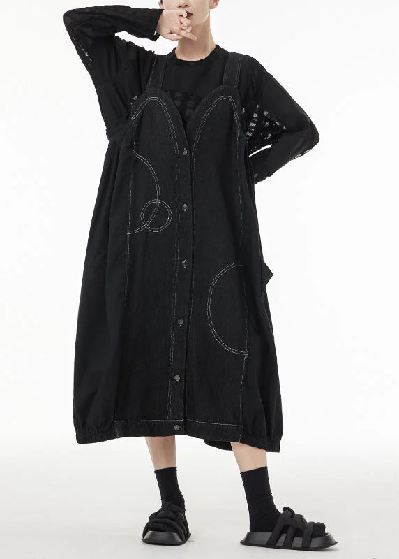 Blowout Deals Art Black Oversized Patchwork Cotton Strap Dress Summer LC0127