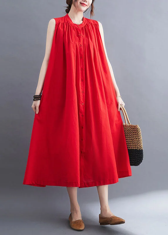 Blowout Sale French Red O-Neck Wrinkled Cotton A Line Dresses AC2097