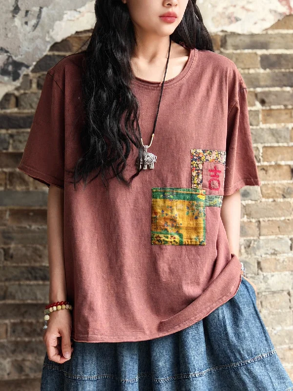 Stock Up and Save Women Vintage Patch Spliced Summer Cotton Shirt AA1011