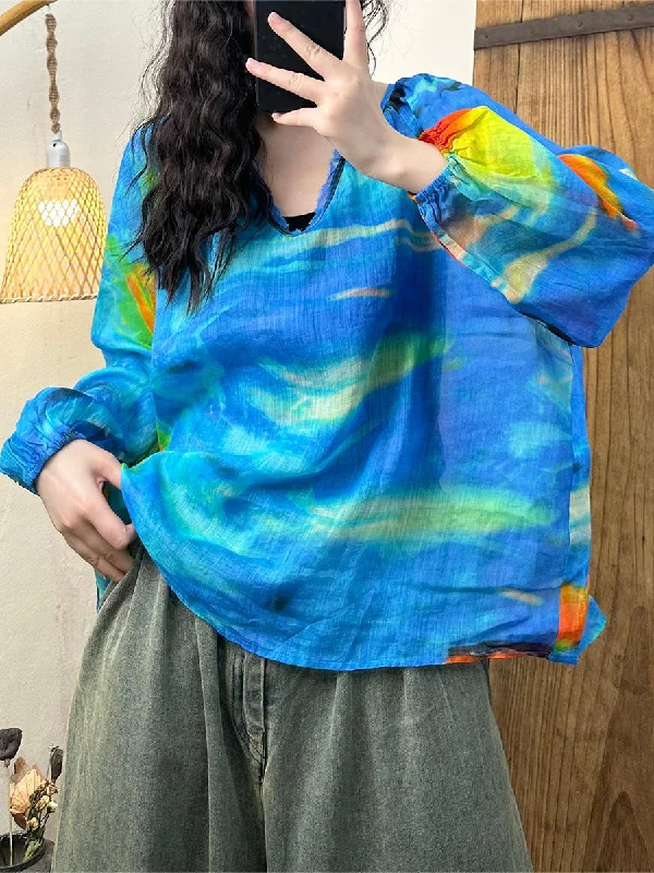 Great Deals Women Summer Artsy Tie-dye Lantern Sleeve Ramie Shirt IO1002