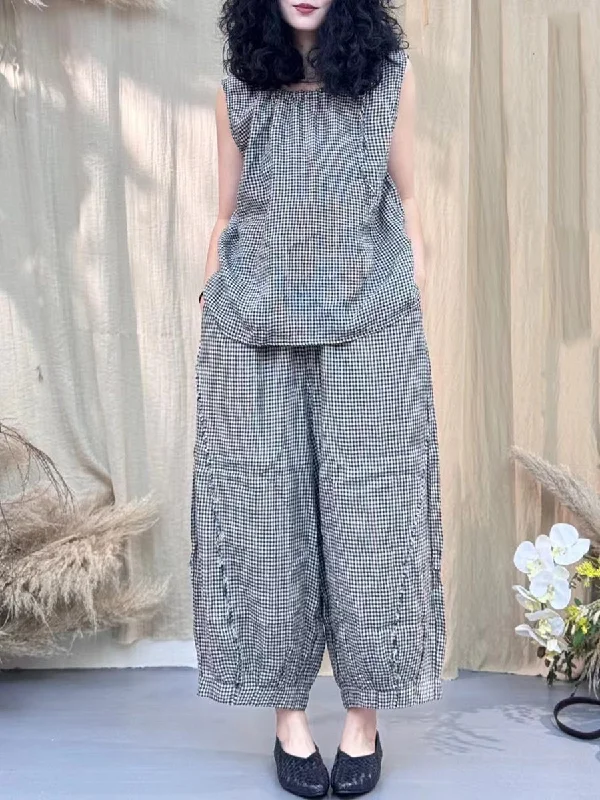 Sale Event Plus Size Women Vintage Lattice Summer Cotton Linen Suits IO1030
