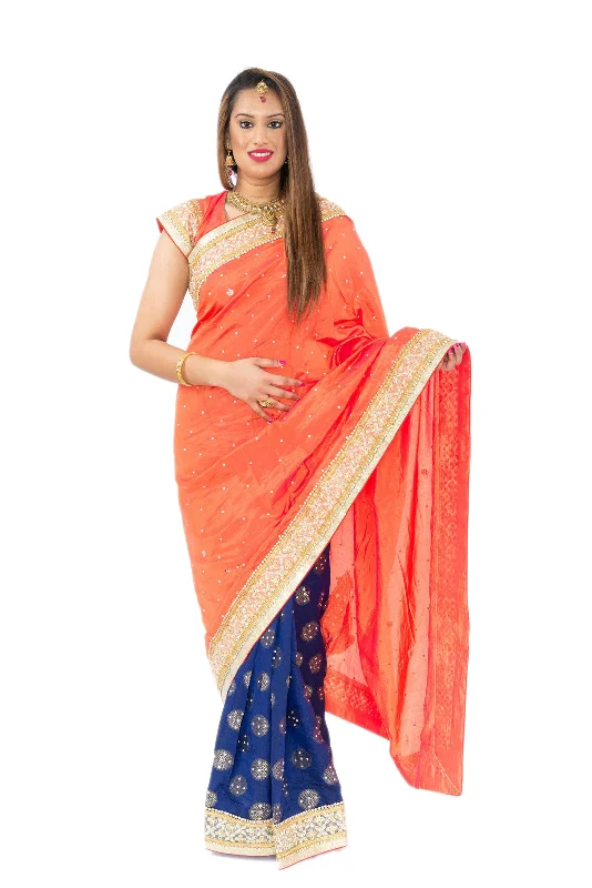 Referral Discount Lovely Orange and Blue Pre-Pleated Ready-Made Sari