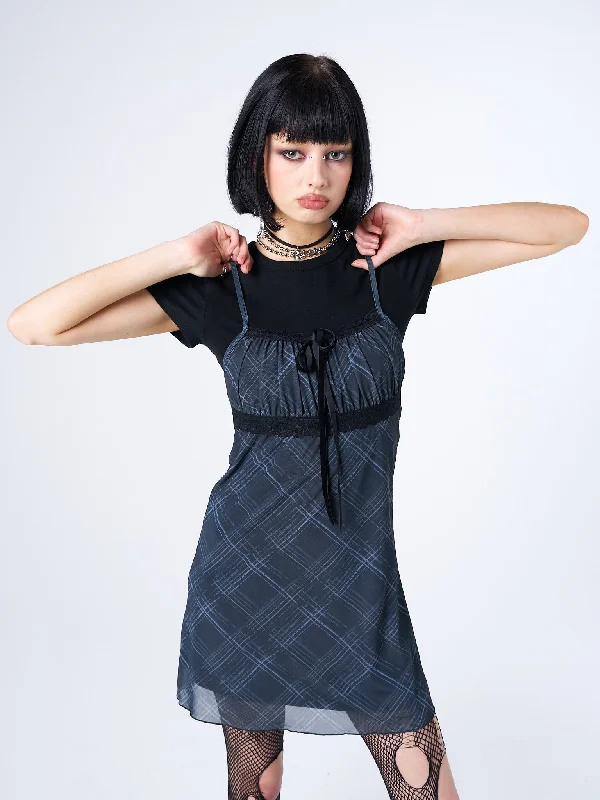 Don't Wait Amber Tartan Lace Trim Mini Dress